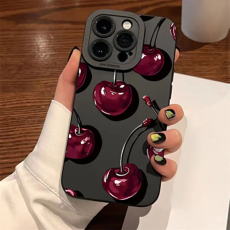 Cute Deep Red Cherry Pattern Shockproof Matte Phone Case
