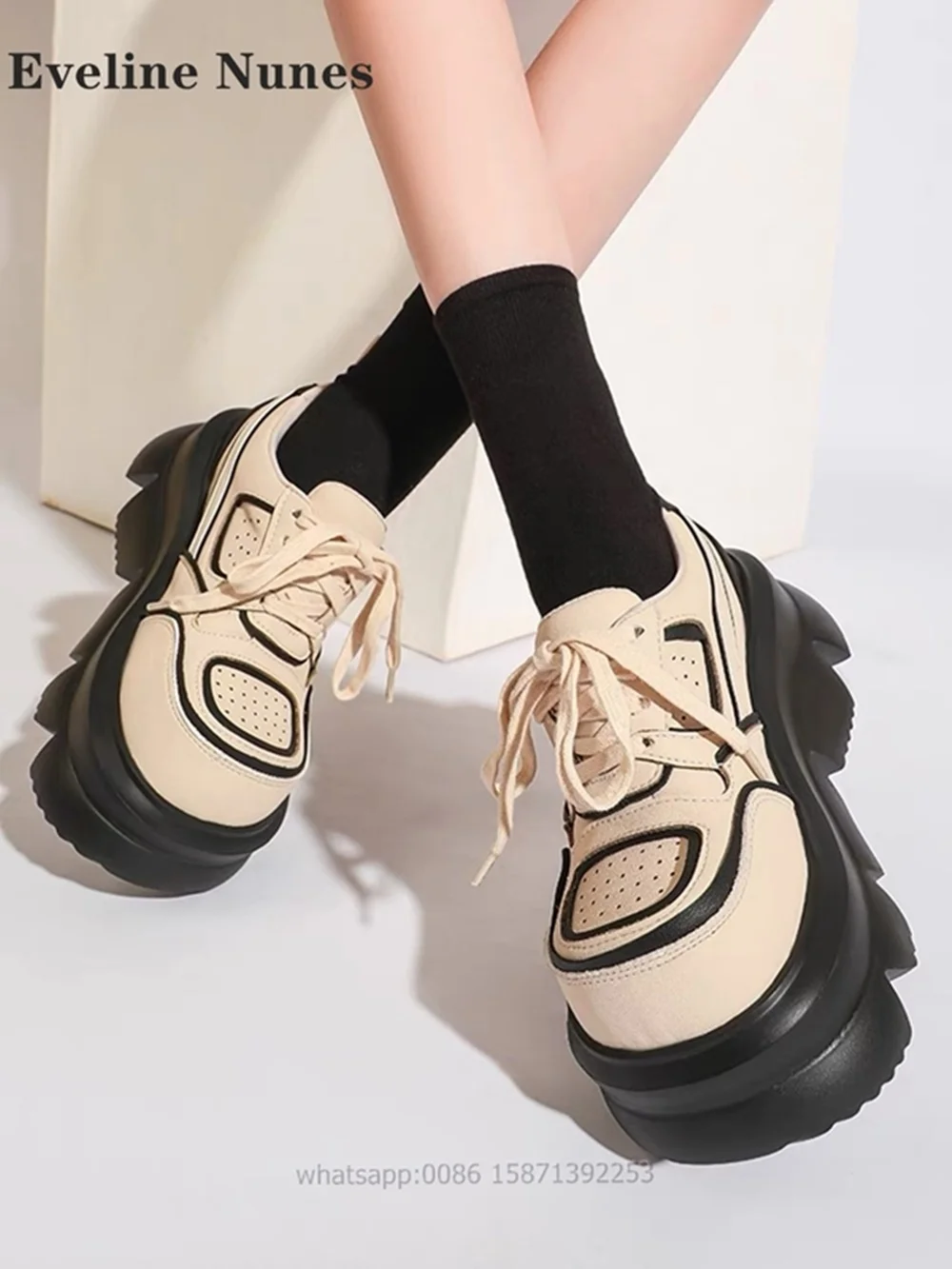 

Cross Tied Tank Soled Pumps Round Toe Height Increasing Platform Mixed Colors Women Mary Janes Mixed Colors Punk Casual Shoes