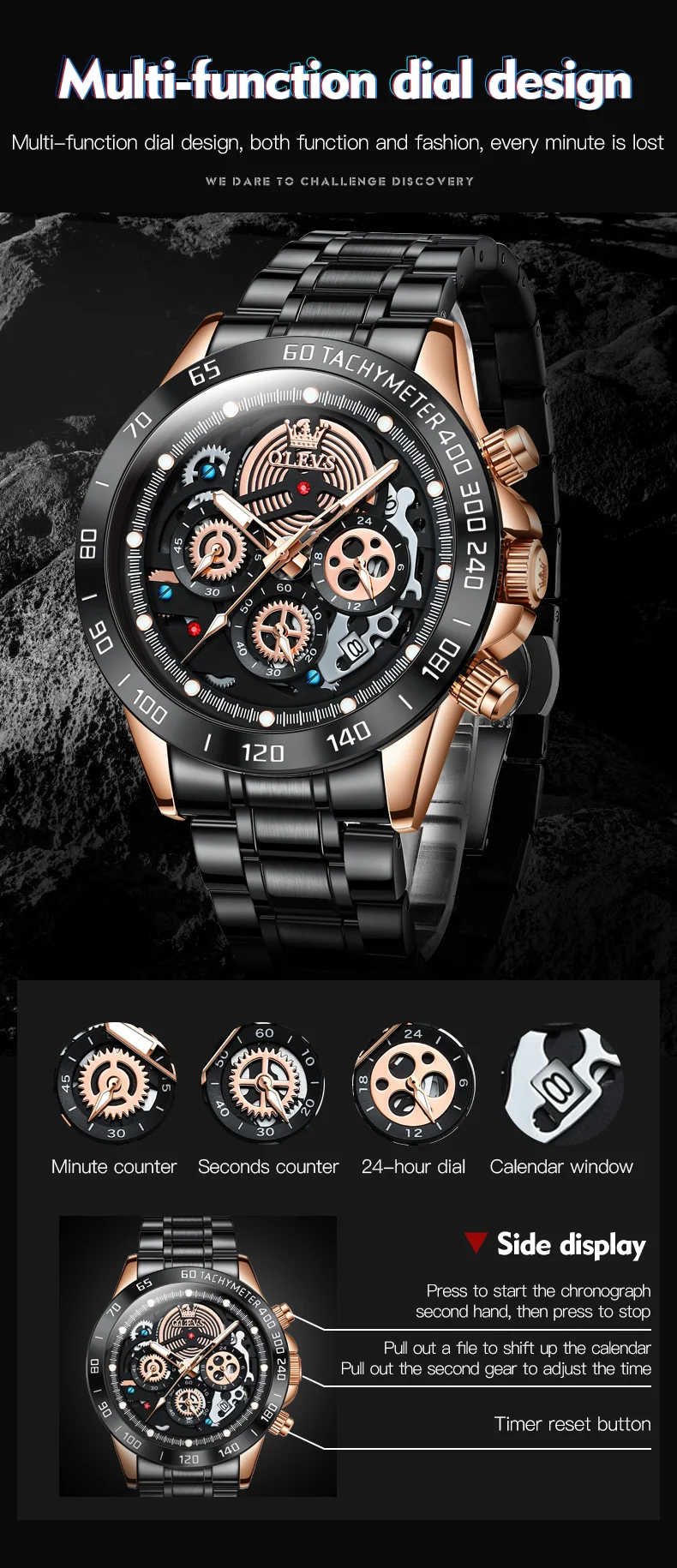 smart heart rate sports watch OLEVS 2022 New Skeleton Design Sports Quartz Watch for Men Stainless Steel Chronograph 24 Hours Mens Watches Top Brand Luxury men's digital watch large display