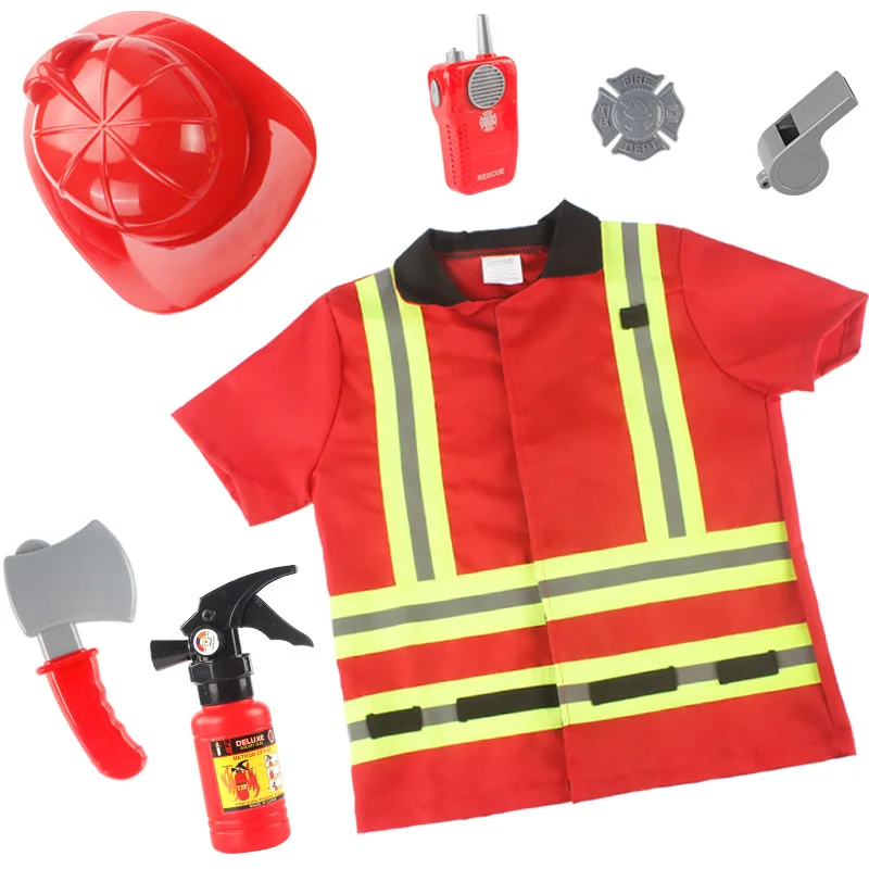 Disfraz de bombero de Halloween para niños | Traje de rescate de incendios  con casco rojo, hacha de plástico y accesorio de Walkie-Talkie