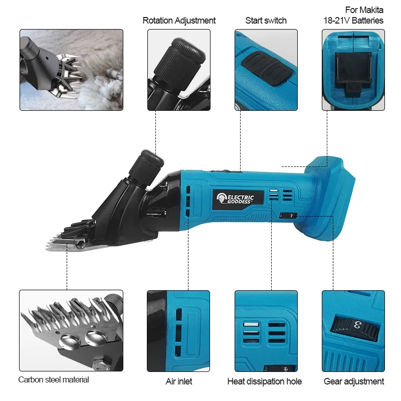 전기 여신 무선 양털 가위 300W 전기 양모 가위 염소 말털 가위 농장용 전동 공구 마키타 18V 배터리용
