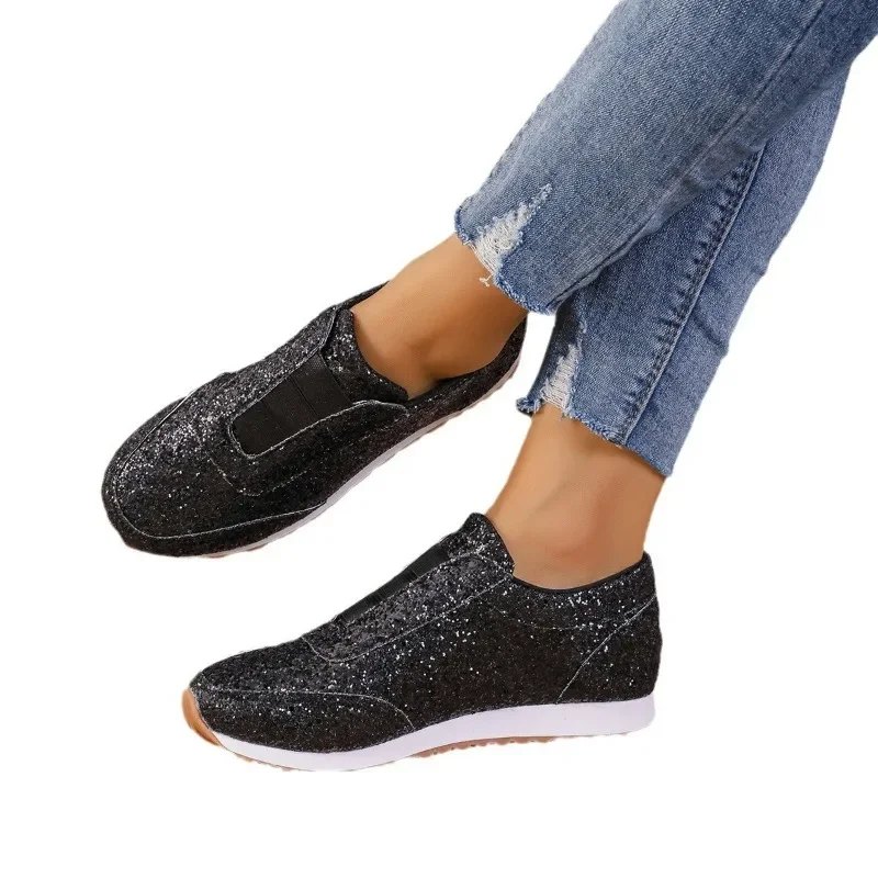 Women's lightweight sports shoes with sequin rhinestone elastic and casual thick soled fish mouth women's singles shoes