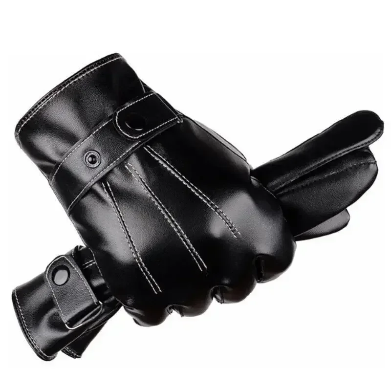 Mens Winter Black Leather Gloves Fleece Touchscreen Lined Water-Proof For Motorcycle Driving Dress Real Sheepskin Warm 4