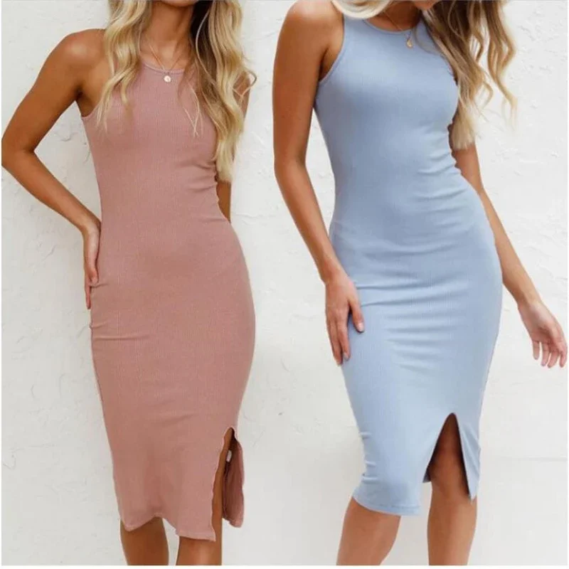 

High Quality Solid Knit Dress Women Blue Summer Sexy Bodycon Sleeveless Spaghetti Strap Beach Party Midi Dresses2024 New Fashion