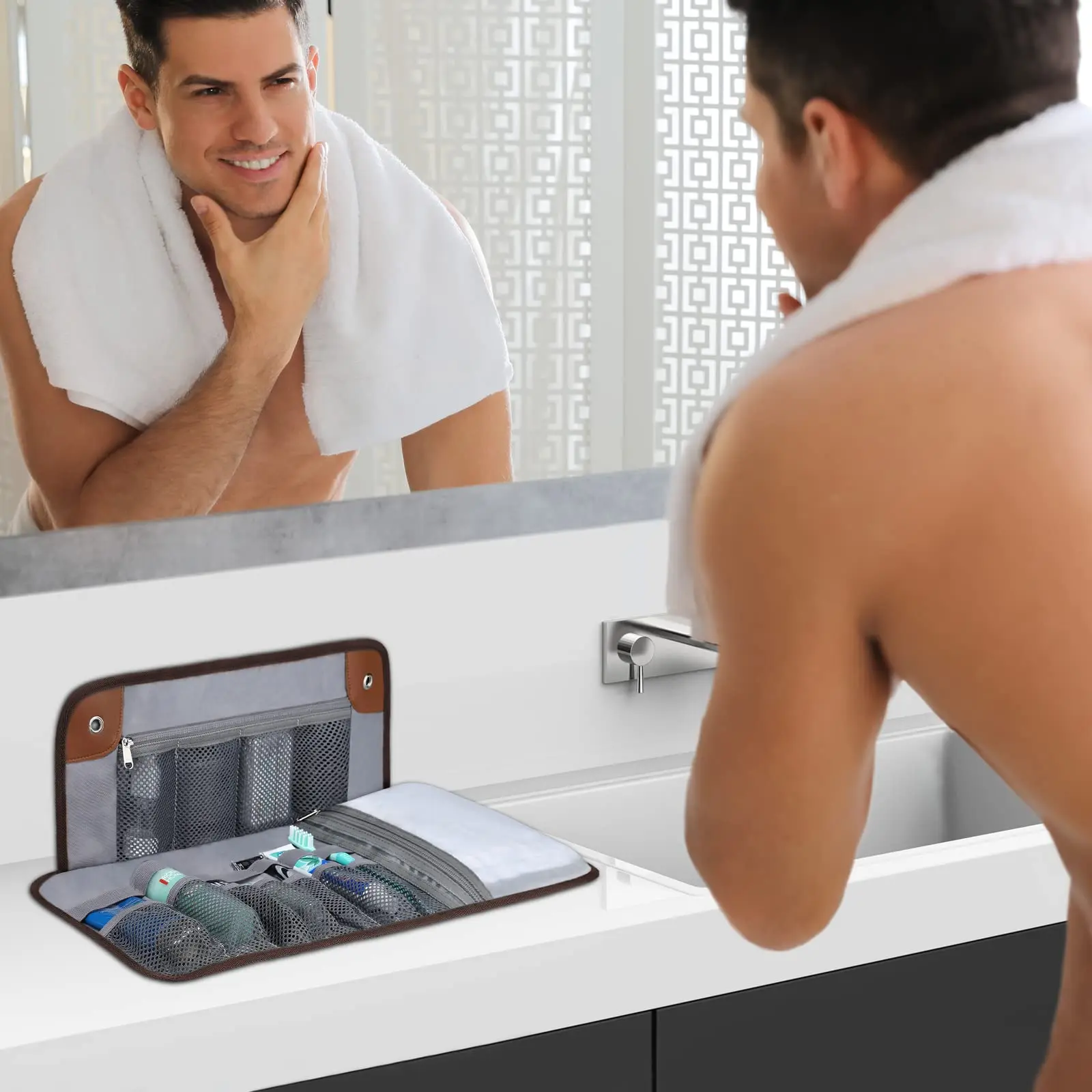 Men's Travel Toiletry Organizer - Water-Resistant Hanging Shaving Bag in PU Leather
