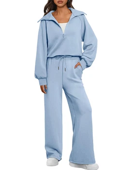 Women's Two-Piece Sports Set Loose-Fit Half-Zip Sweatshirt Wide-Leg Joggers Home & Leisure Set Sportswear Ensemble 1
