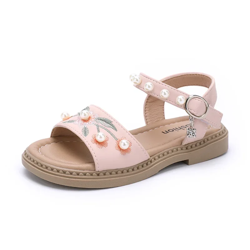 Kids Sandals for Girls Summer Princess Sweet Embroider Pearl Sandals Fashion Elegant Pearl Children Dress Flat Sandals Versatile