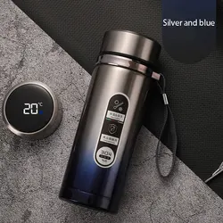 LED Temperature Display Insulated Stainless Steel Thermos Cup - 500ml - 500ml (Silver and blue)