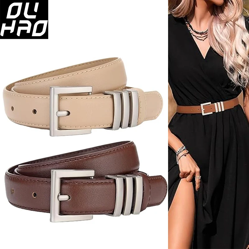 

Genuine Leather Women Casual Leather Belt for Jean Pants adjust Silver Matte Buckle Fashion Black Western Belts for Women