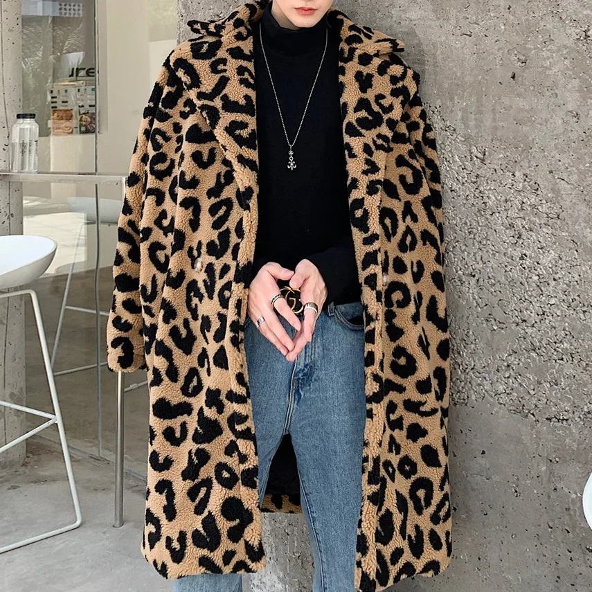 

Streetwear Outerwear Lovers Overcoat Leopard Print Windbreaker Men Coat Vintage Leopard Faux Fur Loose Long Trench Jacket Male