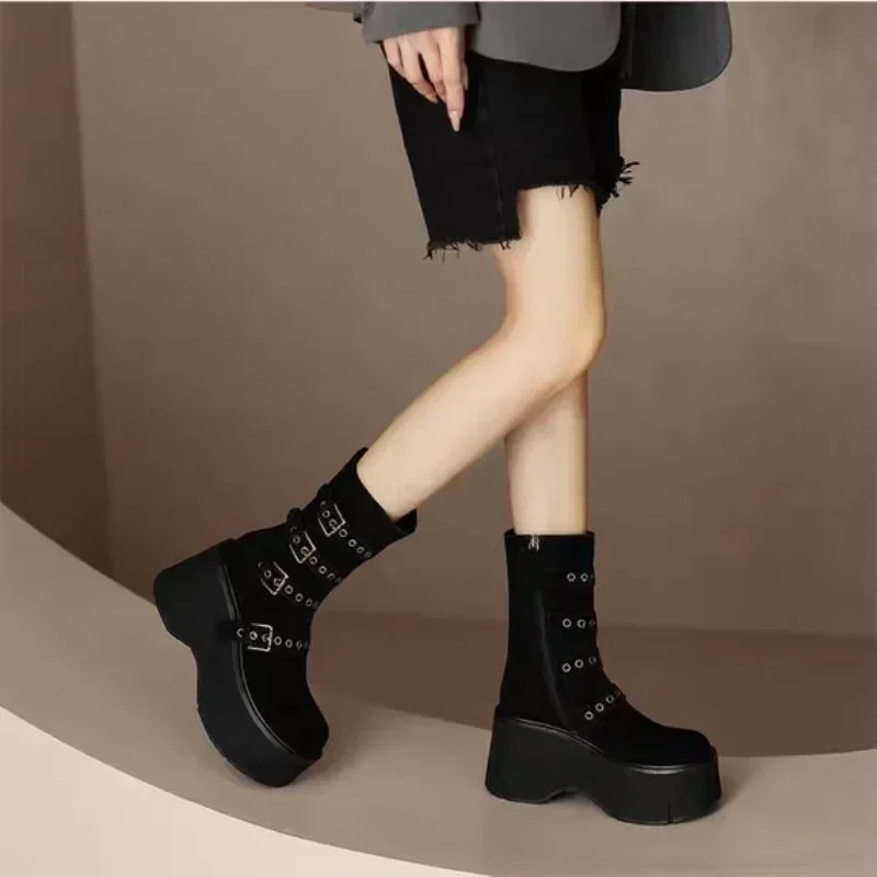 Women Mid-calf Boots Autumn Winter Woman Buckle Round Head 2023 Fashion Outdoors Wear Resistant Ladies Boots Botas Mujer