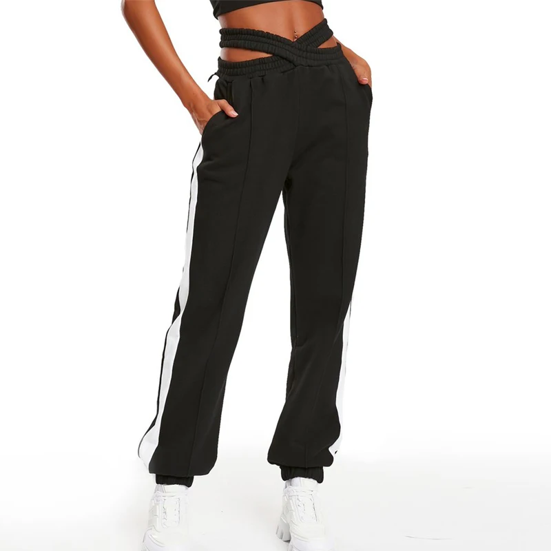 Sports Pants Women Criss Cross Elastic Waist Jogger Trousers Loose Sweatpants Fashion Casual Side Striped New Female  Streetwear