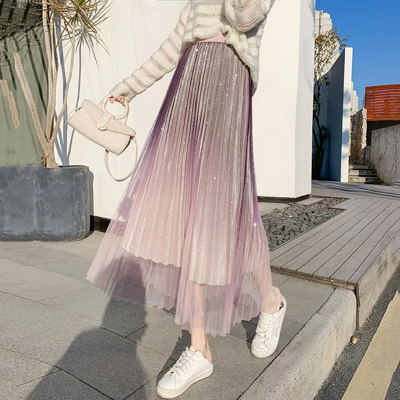 

Sweet Gradient Starry Sky Big Swing Tulle Pleated Black Long Skirts for Women High Waist Patchwork A-line Skirt Korean Style