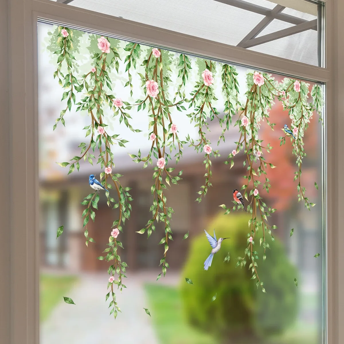 Wall and Window Stickers Branches Flowers Birds Glass Living Room Window Theme Decorative Electrostatic Mural