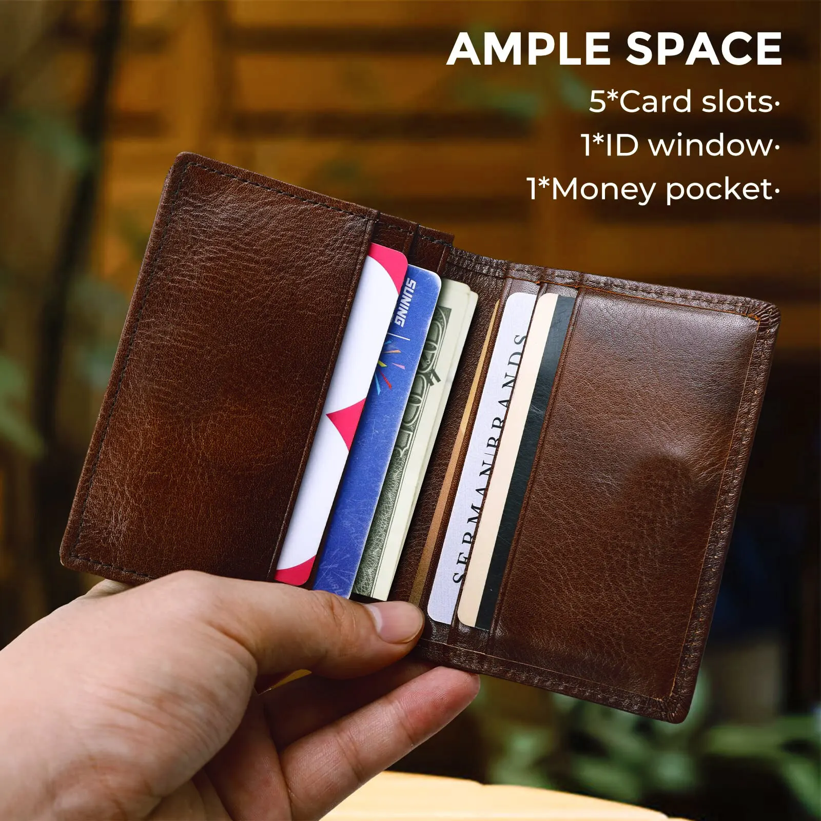 RFID Blocking Mens Slim Front Pocket Wallet Genuine Leather Bifold Credit Card Holder with ID Window Retro Style