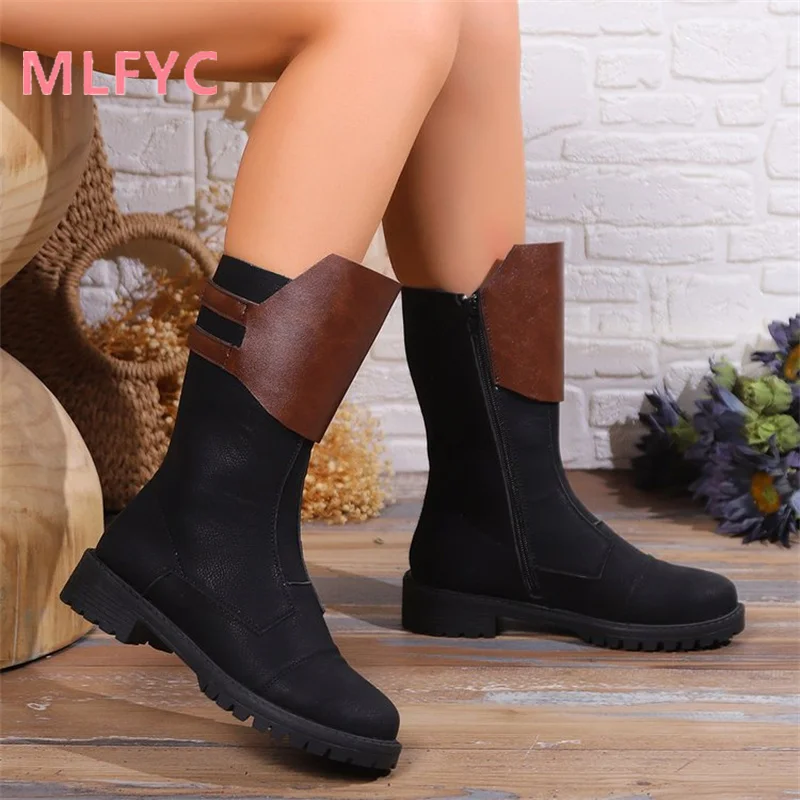 Female European and American Boots Women's 2023 Autumn New Medium Heel Large Fashion Boots Botas De Mujer Platform Heels