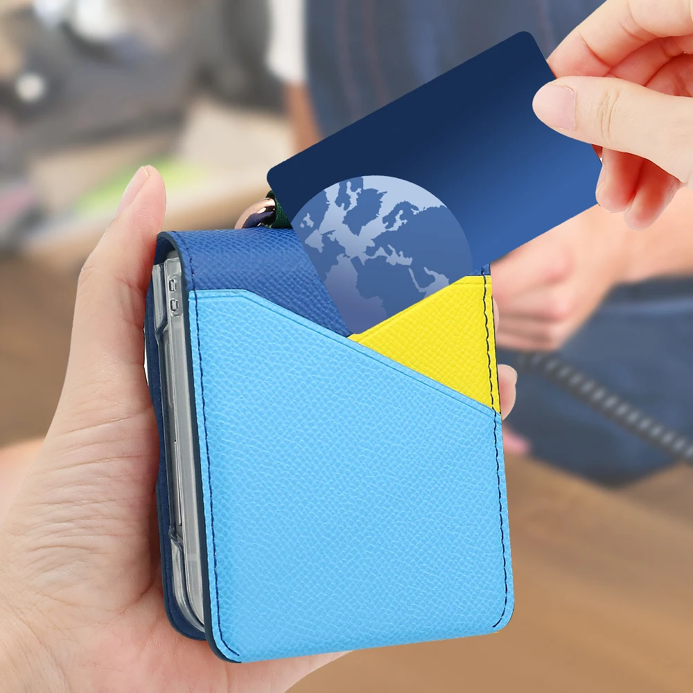 Color Collision Design Z Flip Phone Case with Finger Ring and Card Slot, Premium PU Leather