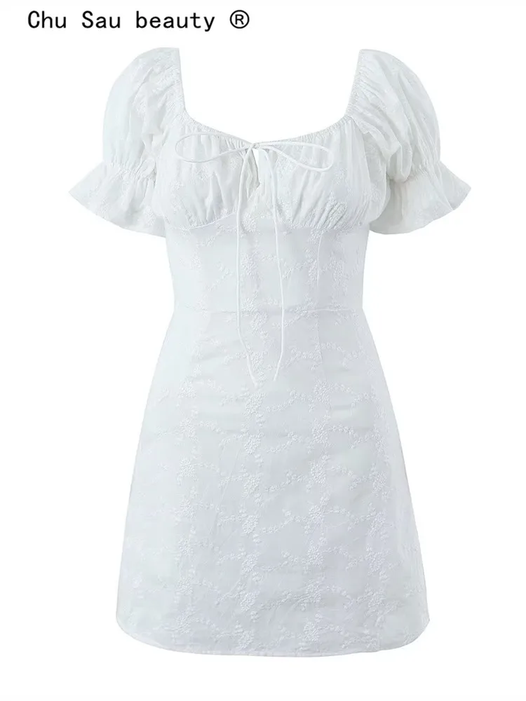 

Vintage Fashion Square Neck Tie Embroidery Puff Sleeve Short Mini Dress Women 2023 Spring Summer New Casual High Waist Dress