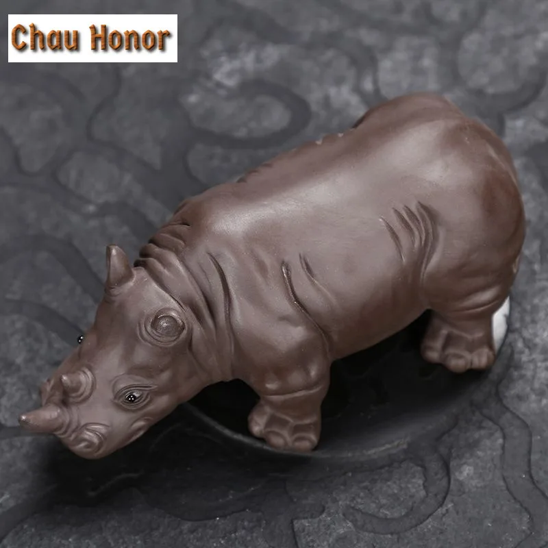Exquisite Purple Clay Rhinoceros Ceramic Animal Figurines Zisha Tea Pet Crafts Household Office Tea Accessories Car Decoration