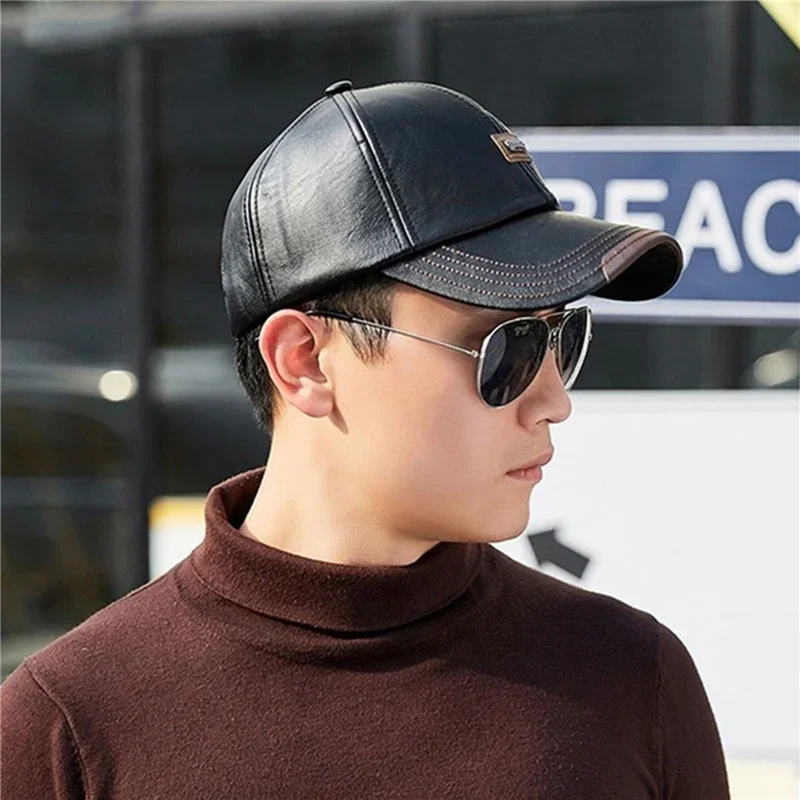 Baseball Cap Casual Fashion Hat Autumn And Winter Thin Plus Velvet Cap Leather Baseball Cap For Men 2024 New Fashion 5
