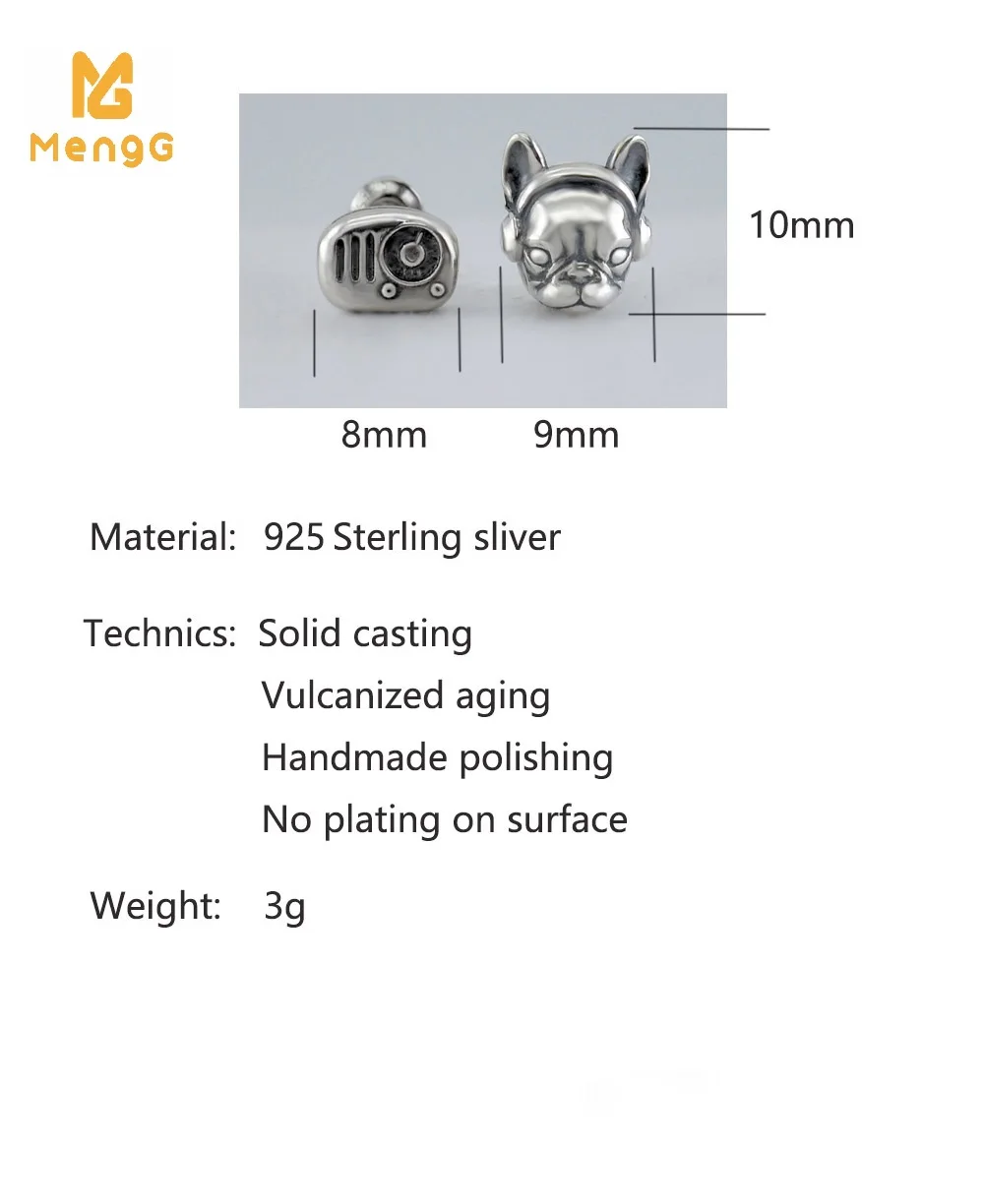 MengG Real S925 Sterling Silver French Bulldog Earrings For Women and Man Stud Details Creative Gift Original Design Handmade