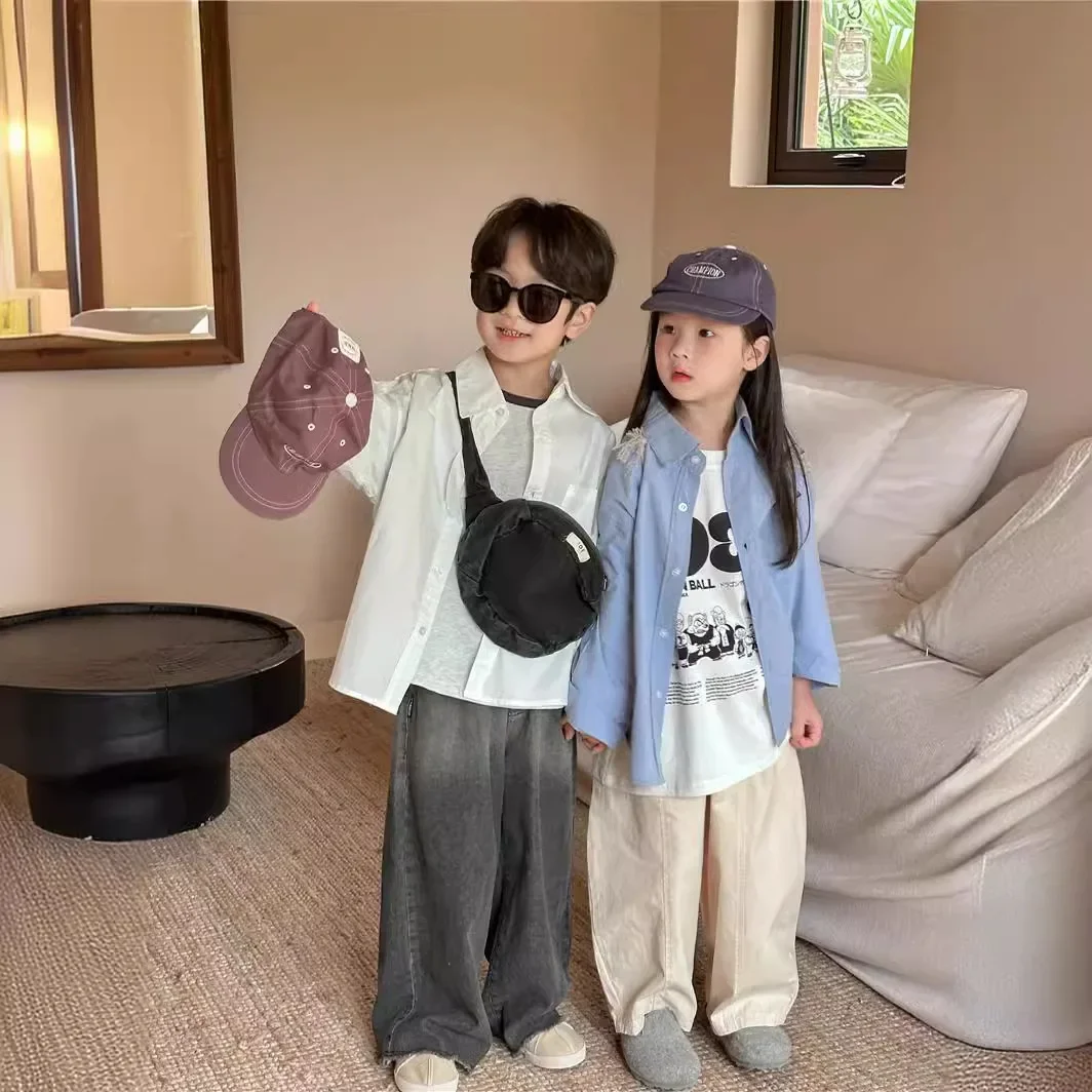 New Hot Sale Of The Season Autumn Squirrel Brand Children's Pure Color Collar Shirt Baby Washed Cotton Casual Shirt Boys Girls C