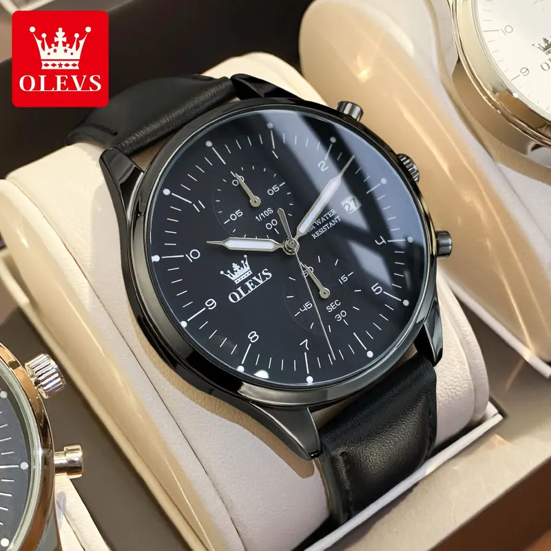 OLEVS casual fashion men's watches Chronograph 30m waterproof Leather strap qua…
