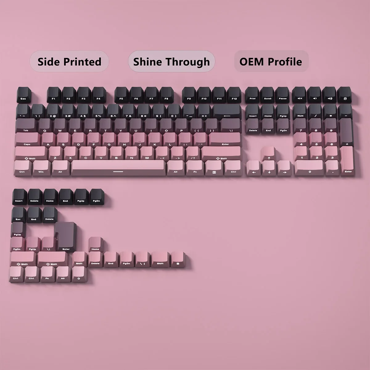 PBT - Juego De Teclas Degradadas De Doble Disparo Retroiluminadas, Color Rosa Brillante A Través De Teclas Laterales De Perfil OEM Personalizadas Para Teclado Cherry MX 60%, 65%, 70% 70% 75