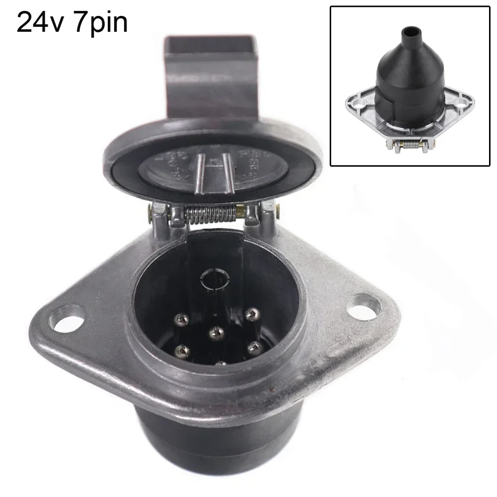 7 Pin Trailer Connector 1pcs 24V Black+Silver Brass Pins Plastic 7-Pin Trailer Socket For Car Semi Truck