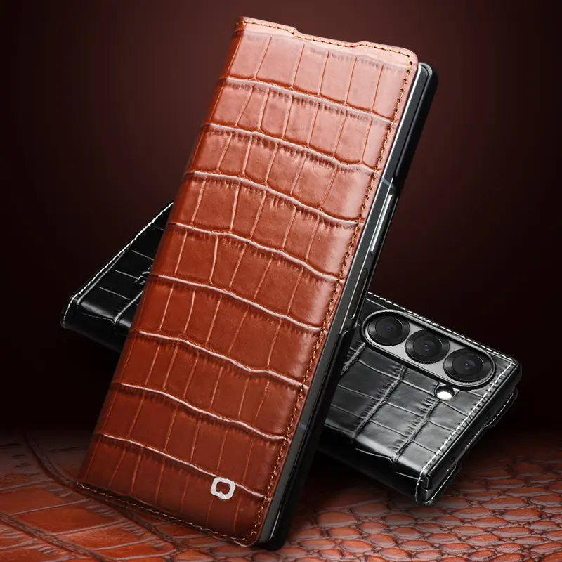 QIALINO For Samsung Galaxy Z Fold6 5G Case Crocodile Texture Genuine Cow Leather Flip Phone Cover - Black - Image 2