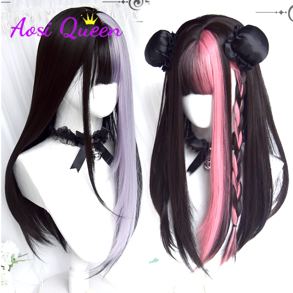 AS Long black mixed with red Synthetic Wig Cosplay Lolita Harajuku Wig With Bangs Natural Wavy Halloween red Daily Wigs