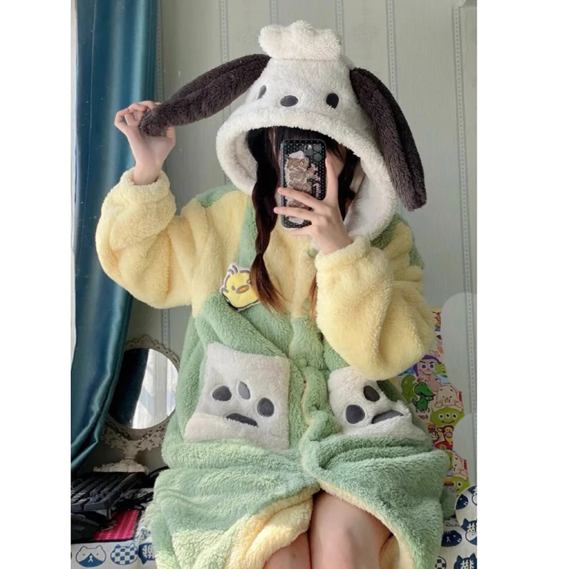 Winter Nightdress Warm Nightgown Coral Fleece Women Animal Dog Cosplay Pajamas Sleepdress Flannel Long-sleeve Home Wear Nighties
