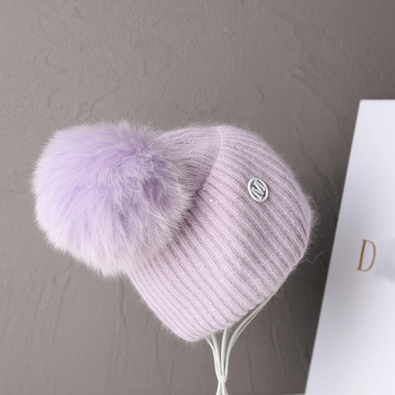 Real fox Fur Pom Poms Hat Women Outdoor Warm Skullies Beanie Winter  Hat for Women Rabbit Fur Knitted Hat Thick Cap Christmas 2