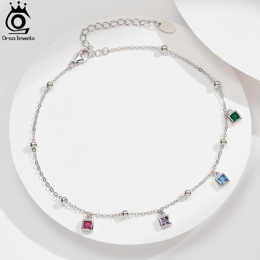 Fashion Colorful Cubic Zirconia 925 Pure Silver Anklet ORSA JEWELS For Women Waterproof Chain Zircon Trendy Foot Jewelry SA91