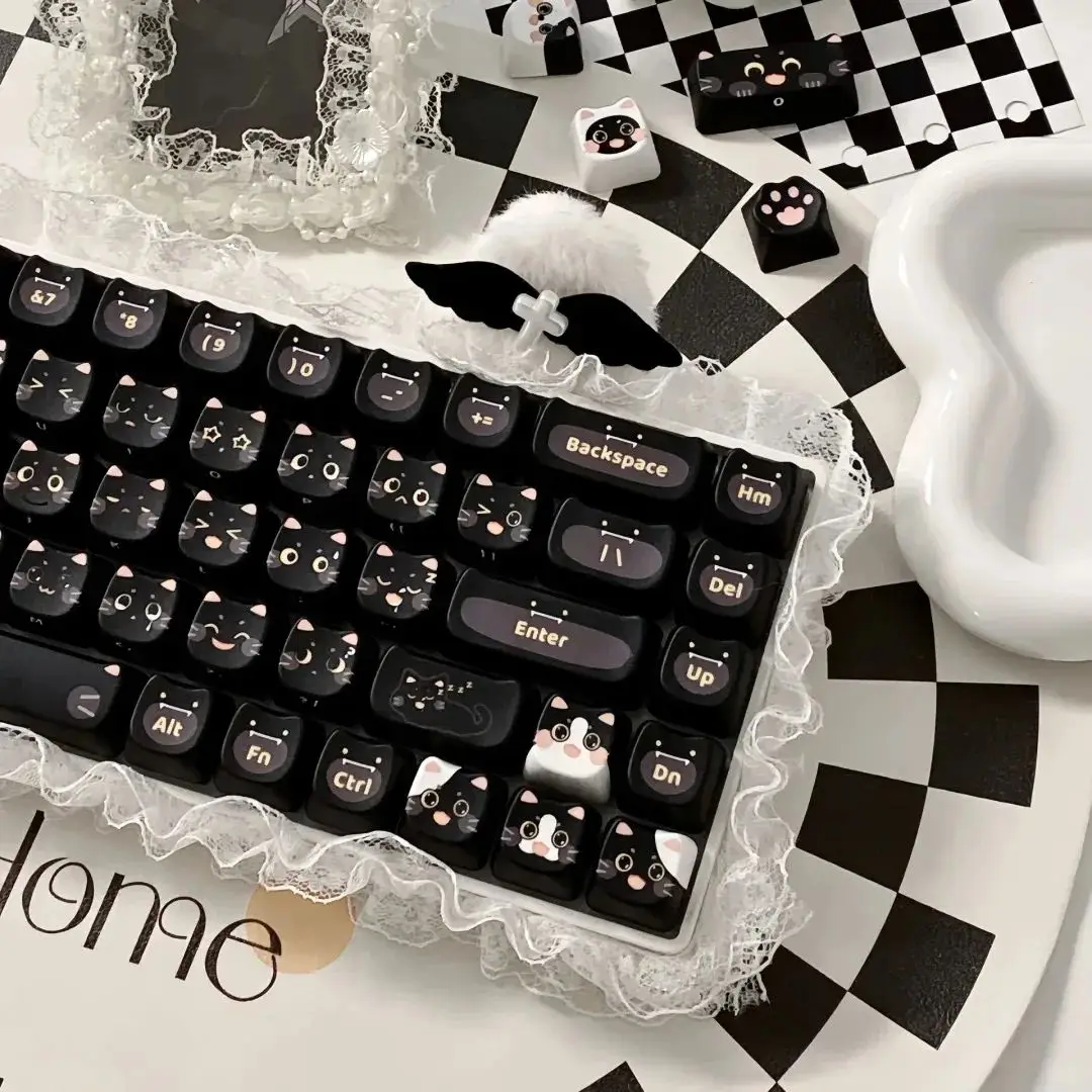 Gato Preto Cabeça Mao Cartoon Keycap Grupo Bonito Pet Gato e Cão Padrão Pbt Teclado Mecânico Faça Você Mesmo Presente de Ano Novo - Imagem 5