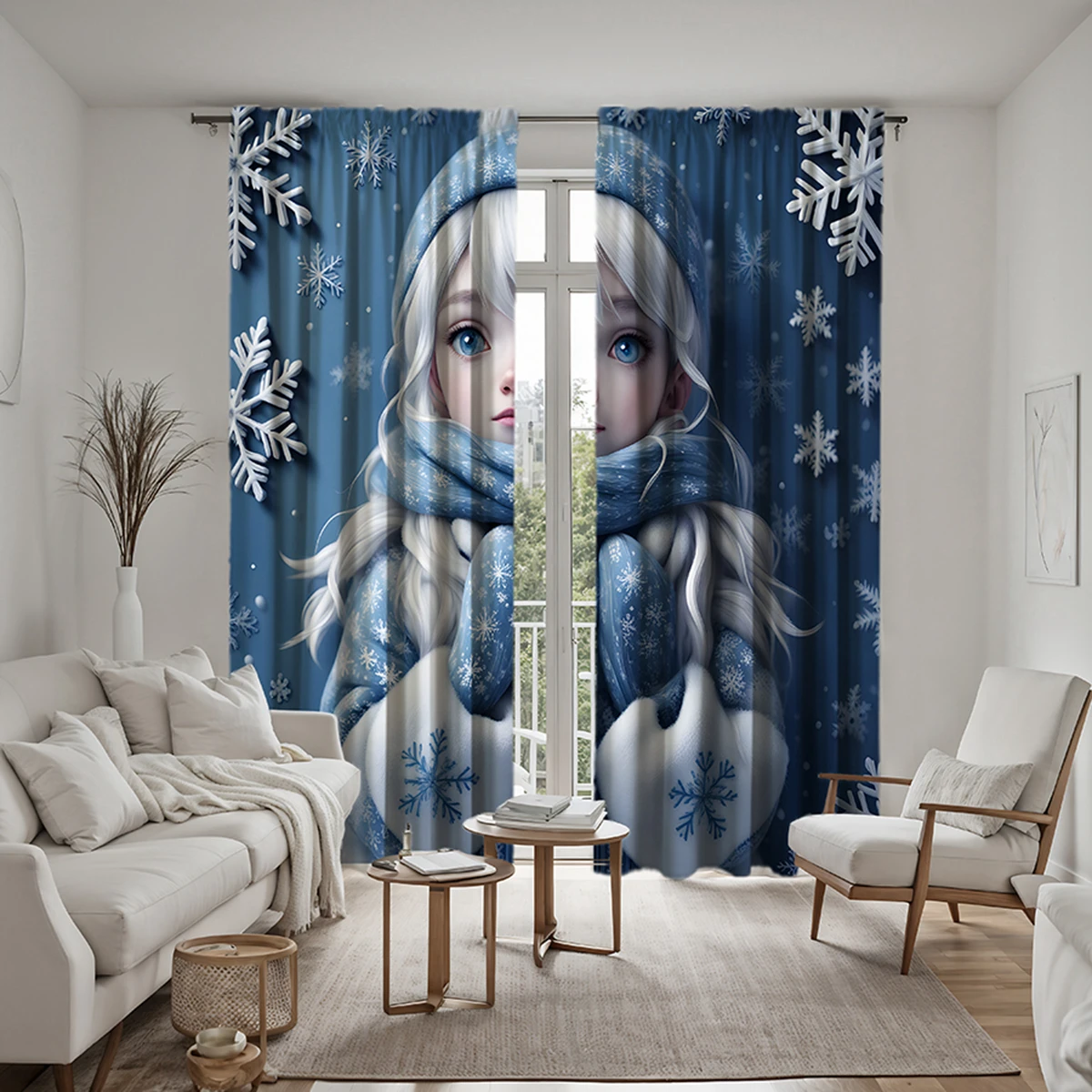 2pcs  HD Frozen Girl Decorative curtain Blue tie digital printed curtain Home Decoration style Decoration living room bedroom 6