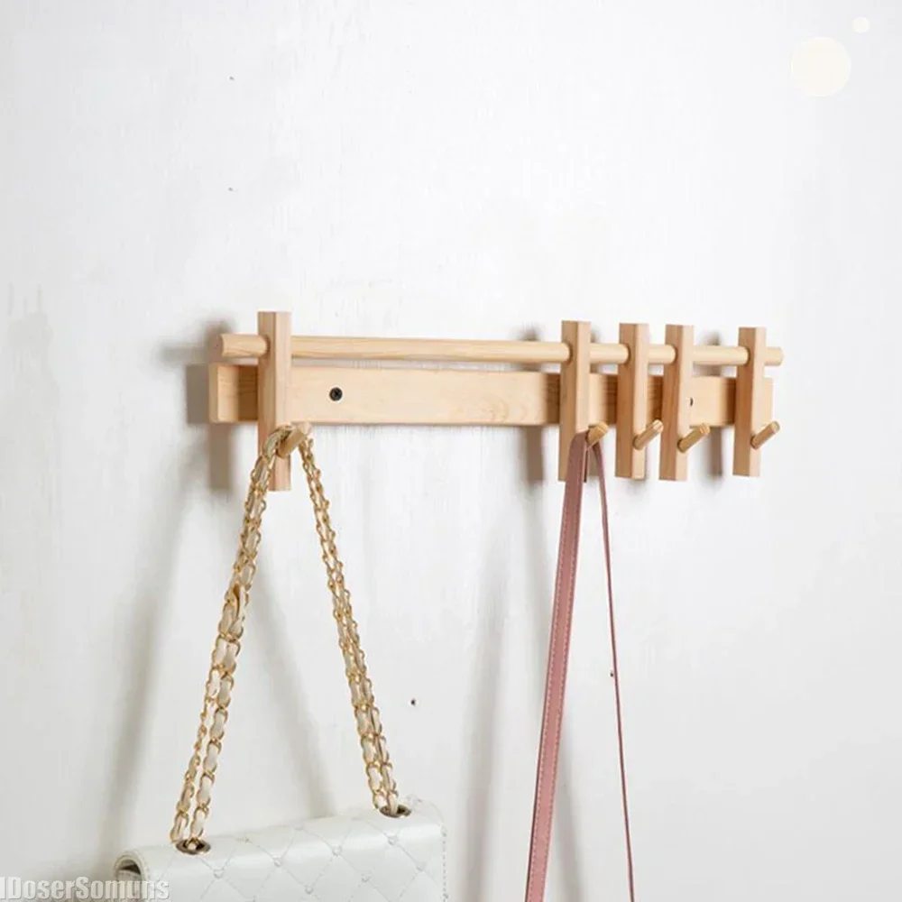 Nordic Solid Wood Coat Rack Wall Hanging Movable Hooks for Clothes Hats Keys Hangers Entrance Decor Home Organizer