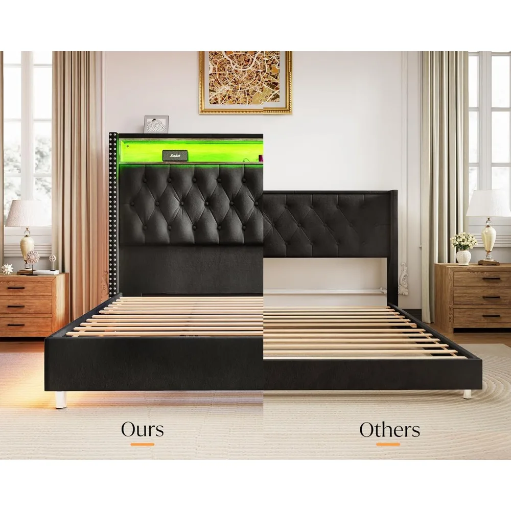 Queen Size Bed Frame 53.6'' Tall Headboard LED Lights and Charging Station, Velvet High Upholstered Platform Bed Frame Queen 2