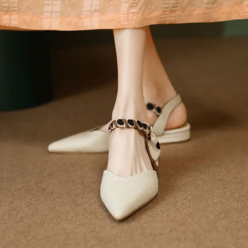 Pointed Toe Low Heel Sandals 2025 Summer Women's Shoes Luxury Woman Fashion Elegant Party Sandals Korean Orange Shoes with Ties