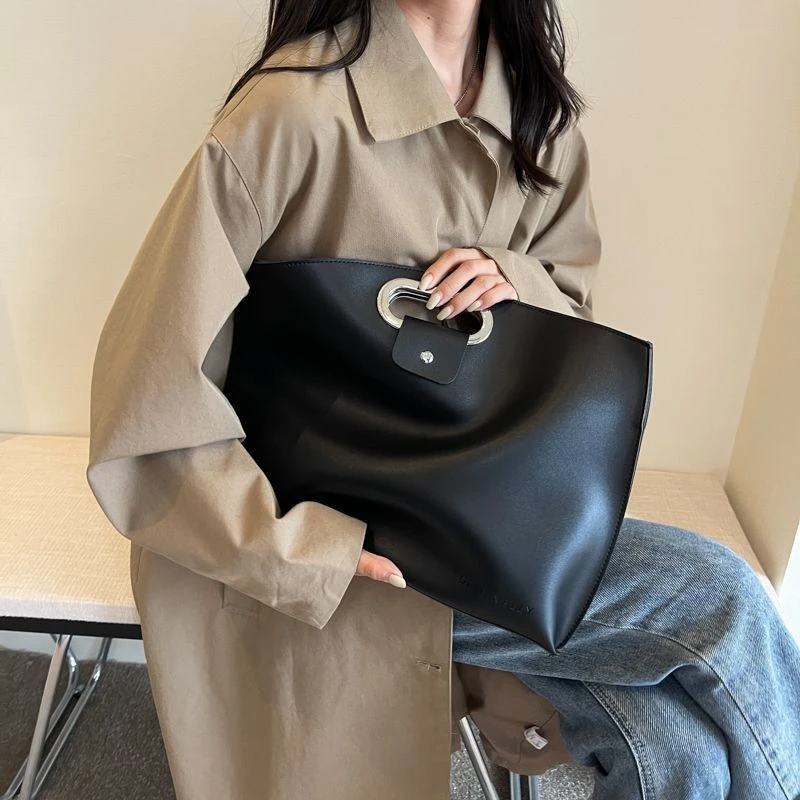 Solid Color Pu Leather Bag For Women'S Fashion Large Capacity Hand-Held Bag For Work Commuting Hand-Held Briefcase Tote Bag