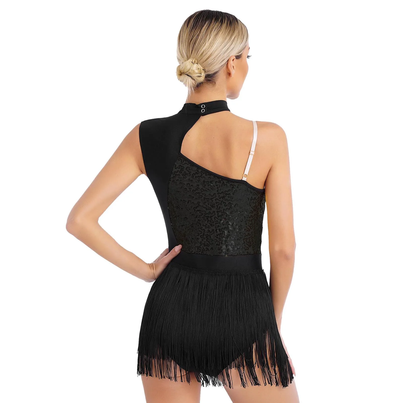 Damen Latin Dance Kleid Trikot Tango Rumba Samba Cha-Cha Eiskunstlauf Performance Kostüm Ärmellos Pailletten Quaste Body – Detail 30