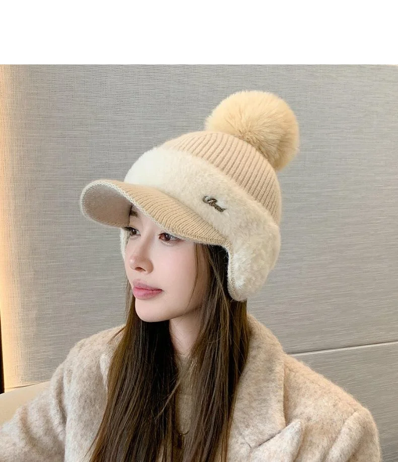 Nuovo berretto da baseball invernale in pelliccia di visone con protezione per le orecchie in pelliccia di coniglio per le donne, moda coreana, tinta unita, semplice cappello lavorato a maglia con palline di lana_voghion.com