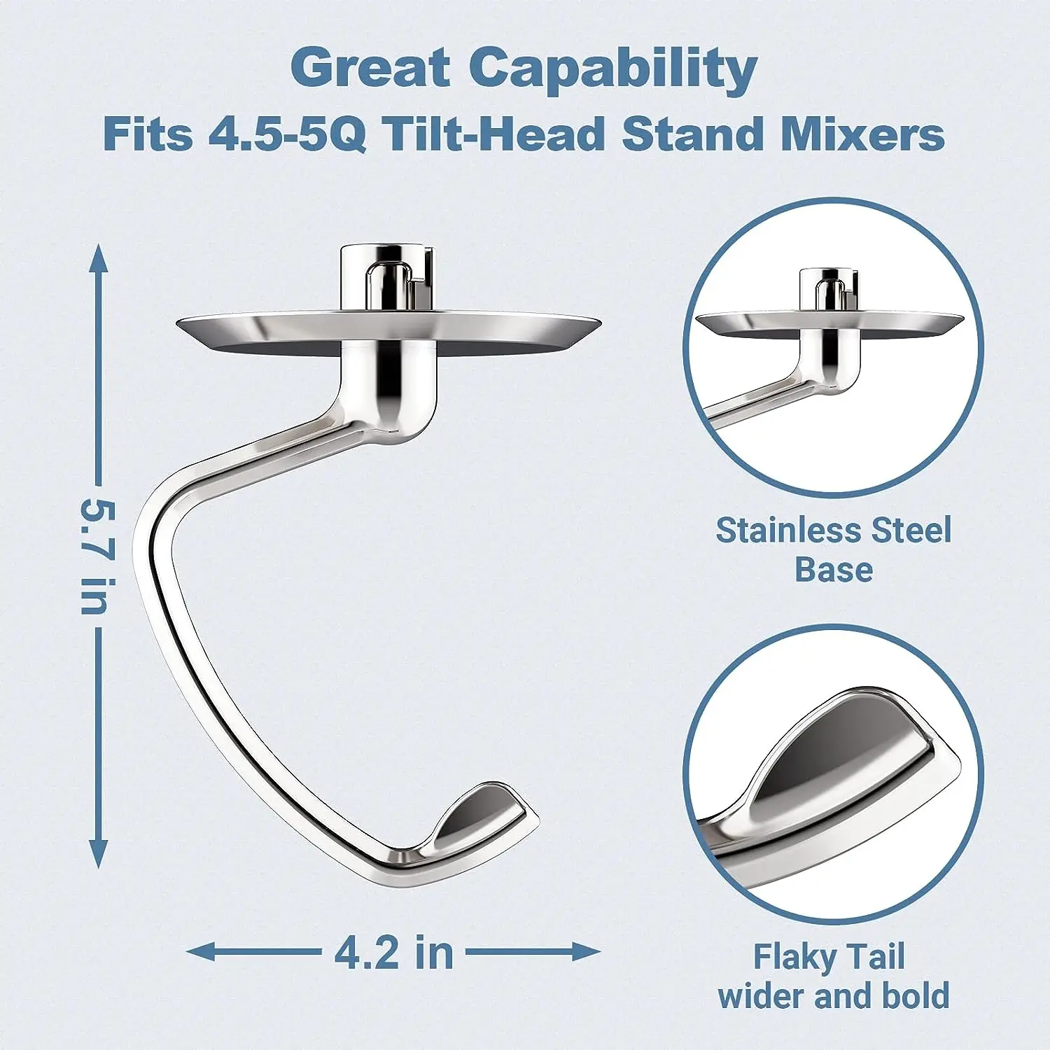 Polished Stainless Steel Dough Hook for Kitchenaid Stand Mixer, Fits 4.5-5Qt Tilt-Head Stand Mixer with Kitchenaid Dough Hook