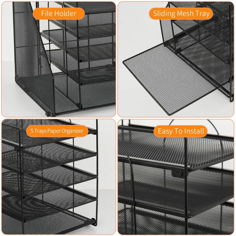 Desk Organizers and Accessories, 5-Tier Paper Letter Tray Organizer with File Holder, Desktop Organizer for Office Supplies - 6