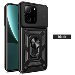 Armor Phone Case with Slide Camera Lens Protection and Car Holder Stand Cover - Xiaomi 13T Pro (Black)
