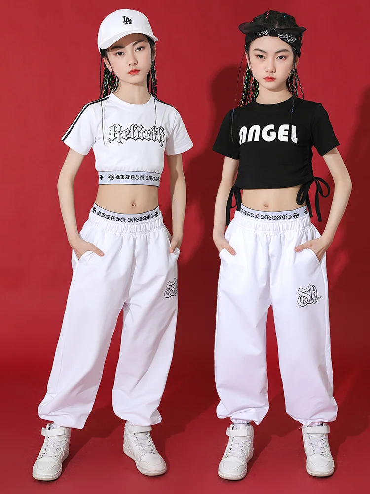 

Modern Dance Clothes For Girls Jazz Performance Crop Tops White Pants Hip Hop Dance Outfit Kpop Performance Wear Kids BL10707