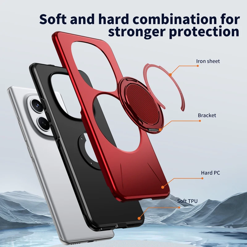 ELVEV Magnetic Shockproof Case with Rotating Ring Bracket - Hard PC + Soft TPU