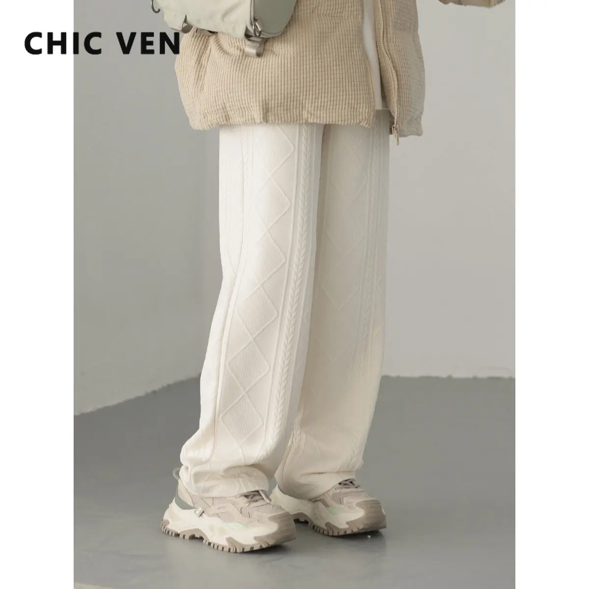 

CHIC VEN Korean Texture High Waist Knitted Wide Leg Casual Pants Solid Loose Women Trousers Female Autumn Winter 2022