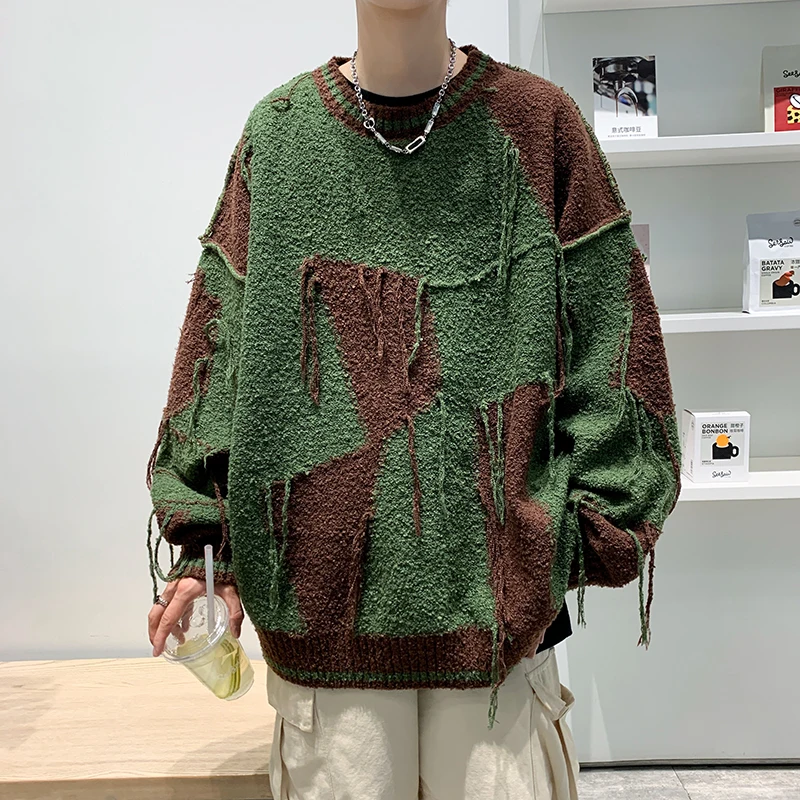 2024 Men Autumn Winter New Oversize Loose Pullover Top Male Casual Knitted Jumpers Mens Streetwear Patchwork Sweater Tops S179