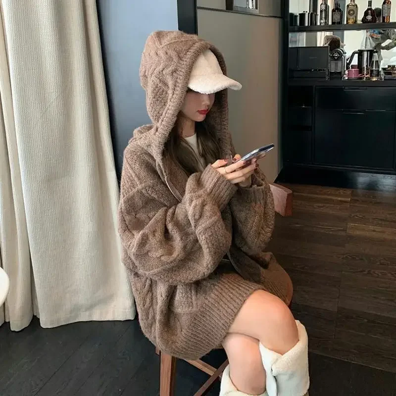 

Korean Fashion Knit Cardigan Women Autumn Winter Casual Loose Zipper Hooded Thick Sweater Coat Preppy Street Wear Y2k Ins 후드티